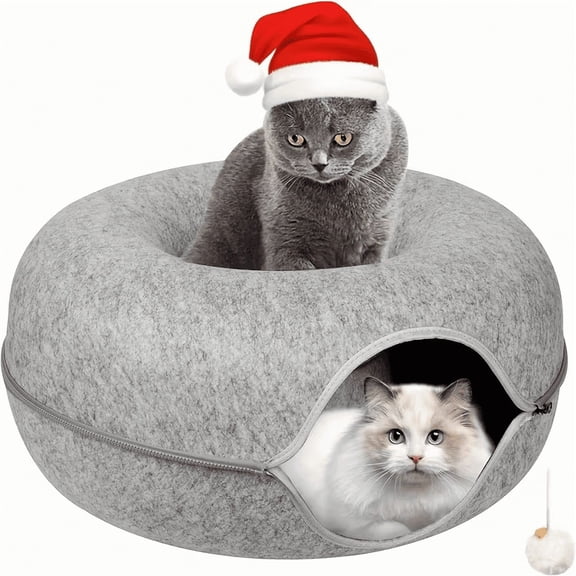 BANBERS 20" Light Grey Cat Tunnel - Detachable Felt Donut Bed, Peek-a-Cat Hole, Washable Indoor Cat House