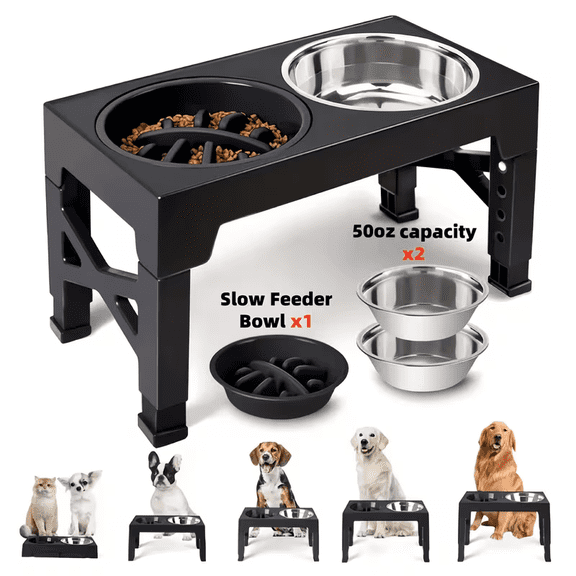 BANBERS Adjustable 5-height Elevated Dog Bowls, Foldable Elevated Dog Bowl Stand, With Slow-feed Bowls And Stainless Steel Dog Food Bowls, Suitable For Medium-sized, Large-sized Pet Dogs And Cats.