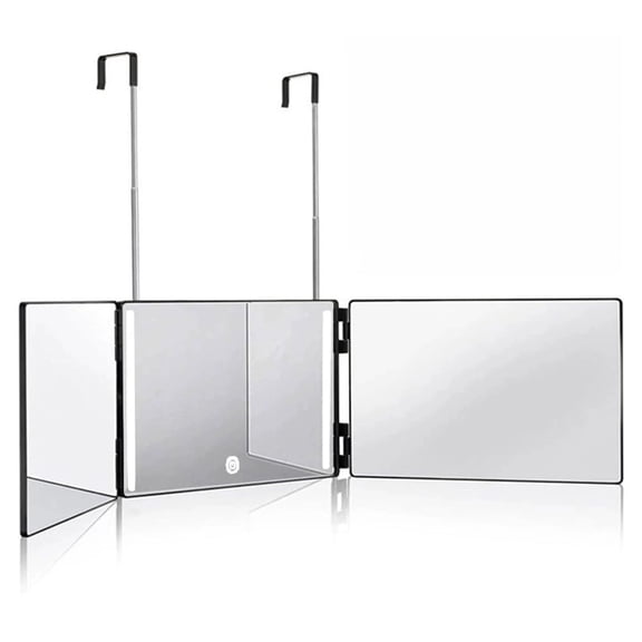 BANBERS LED illuminated folding three-sided mirror. Hair-cutting mirror for hair styling. Adjustable hook. 360 viewing angle. Suitable for shaving and makeup in the bathroom.