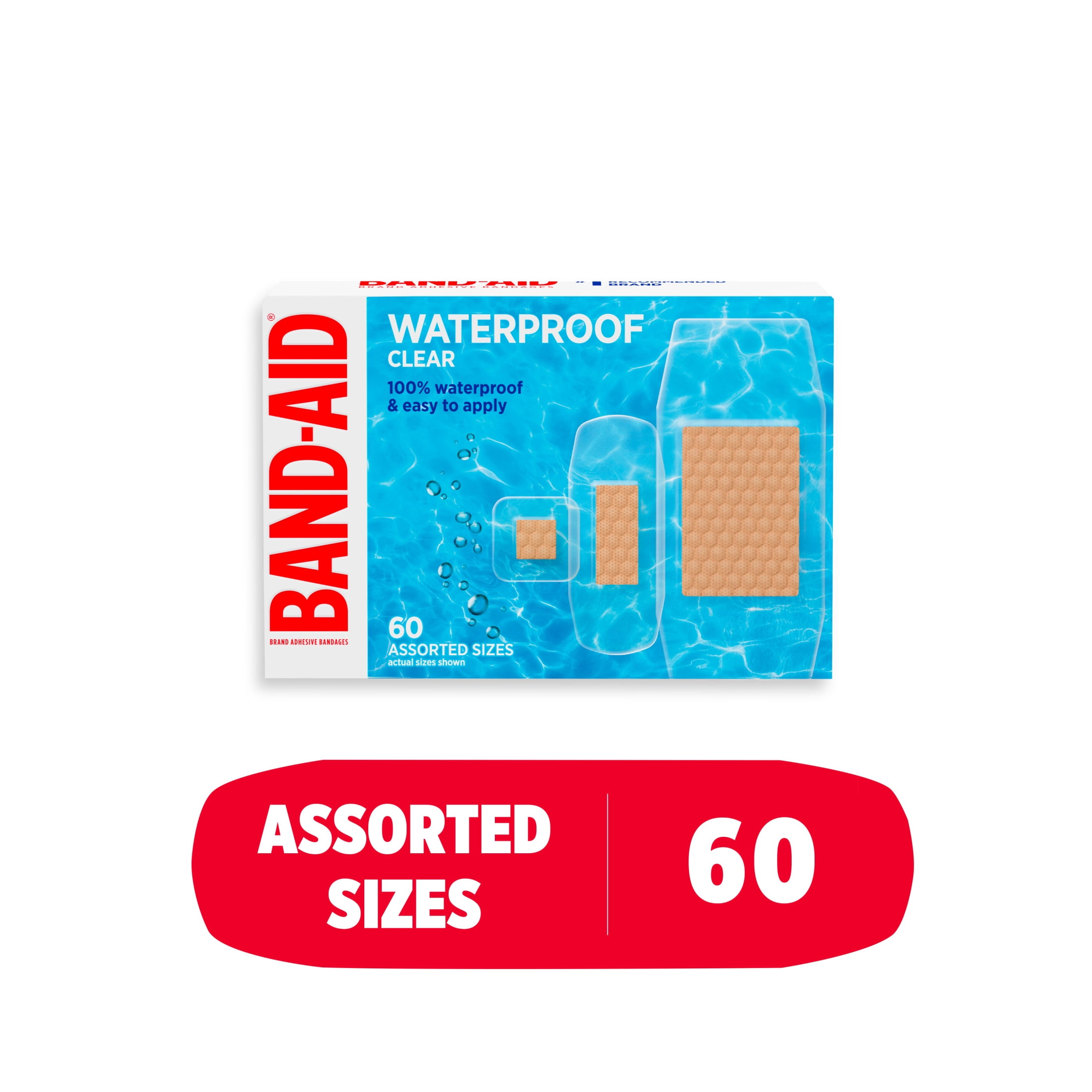 BAND-AID Brand Clear Waterproof Adhesive Bandages, Assorted, 60 Count