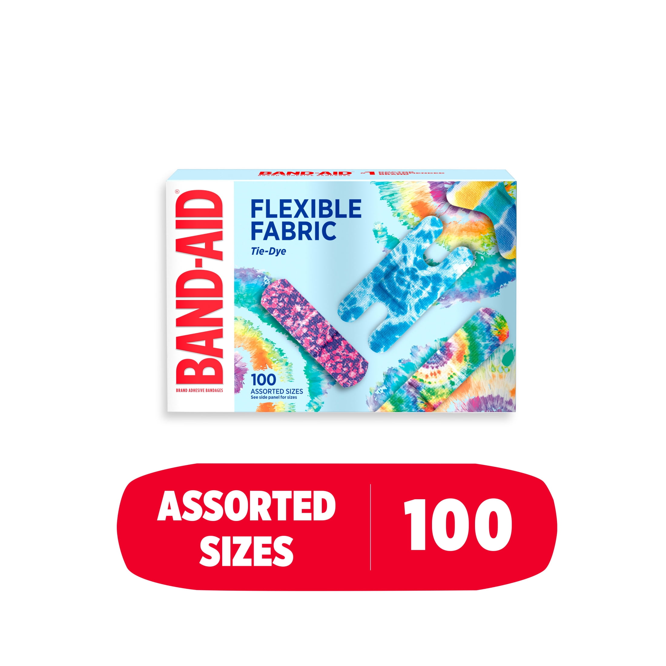 BAND-AID Brand Flexible Fabric Fun Tie-Dye Bandages, Assorted, 100 Count