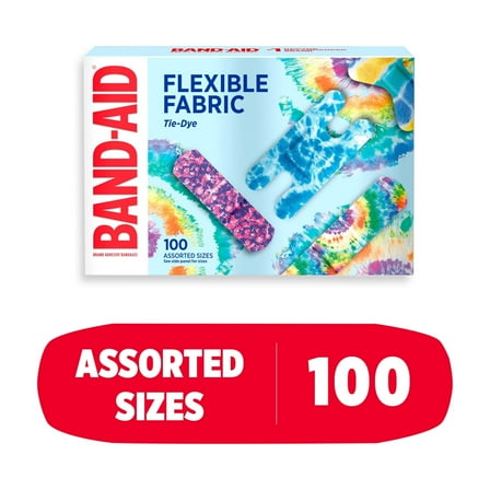 BAND-AID Brand Flexible Fabric Fun Tie-Dye Bandages, Assorted, 100 Count