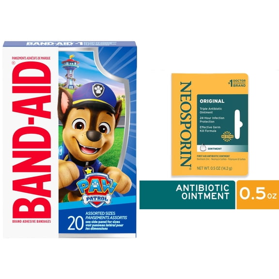 First Aid Bundle: NEOSPORIN Ointment 0.5 oz + BAND-AID Paw Patrol Bandages, 20 ct
