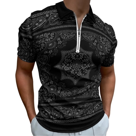 BANDANA BLACK GRAY Men Zipper T-shirt Summer Casual Short Sleeve T-shirt Top