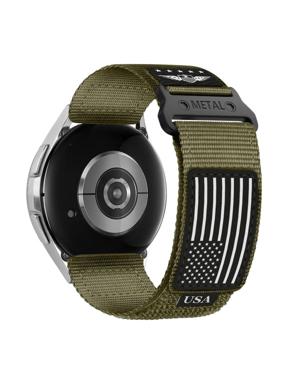 Tactical Nylon Watch Band with USA Flag, Rugged Hook-and-Loop Sport Strap Compatible with Samsung / Garmin Watches 20mm-L-(185mm-240mm), Army Green
