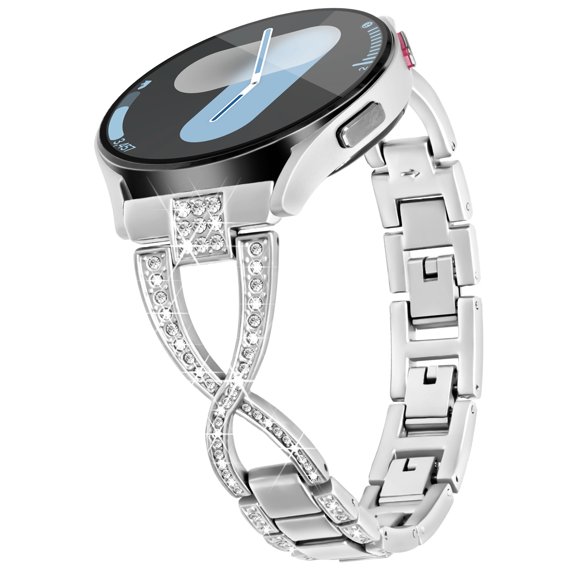 BANDOVA X-Shape Metal Band with Sparkly Rhinestones, Dressy Bracelet Compatible with Samsung Galaxy Watch 7/6/5/4, Silver, 20mm