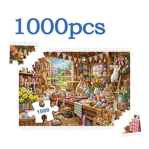 BANET 1000 Piece Jigsaw Puzzle for Adults, Easter Bunny Craft Workshop with Decorative Eggs, Tulips, Daffodils, Ribbons and Spring Flowers 29.4*19.6in
