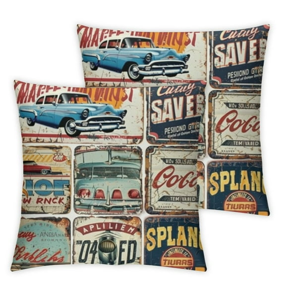 BANET 1950s Decorative Throw Pillow Case Pack of 2, Vintage Car Signs Advertising Vehicle Garage Classics Servicing, Couch Bedroom Living Room Cushion Cover, Burgundy 12x12in