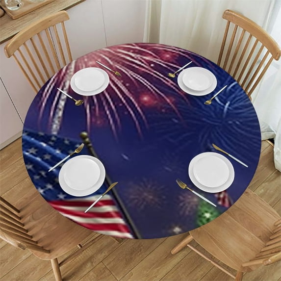 BANET 4Th July Round Tablecloths, Firework American Flag Circular Table Cover Washable Polyester for Memorial Day Buffet Table Parties 54"-58