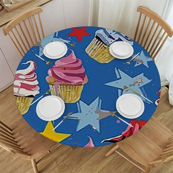 BANET 4th of July Round Fitted Tablecloth with Elastic Edge, Cupcakes and Ice Cream Print Polyester Table Cloth, Fits Round Table , Protection for Your Table, 38"-42