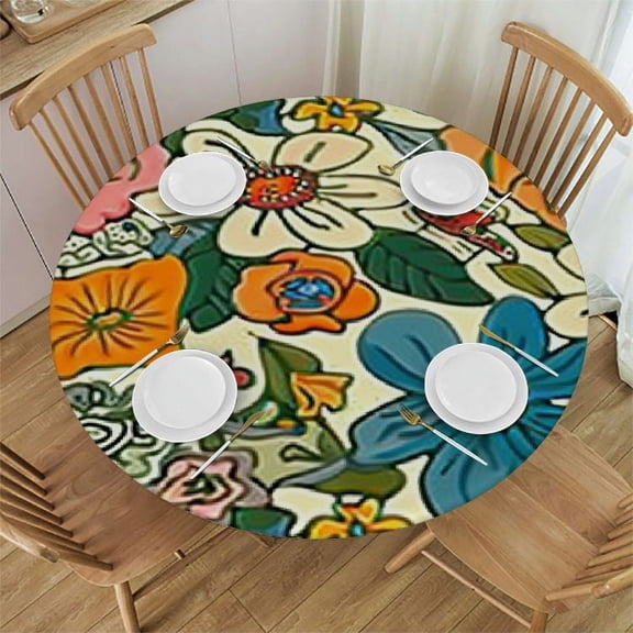 BANET 70s Retro Floral Round Tablecloth Daisy Flower Print Decorative Table Cloth Washable Dust-Proof Table Cover for Kitchen Dining 42"-46
