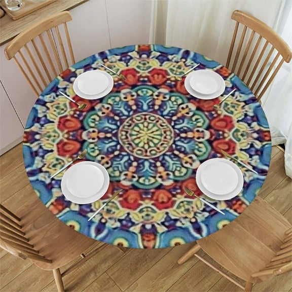 BANET Abstract Rainbow Tablecloth, Retro 1970s Style Colorful Summer Hippie Sunburst Groovy Swirl Print Table Cloth Cover for Home Dining Room Party, Round 31"-35