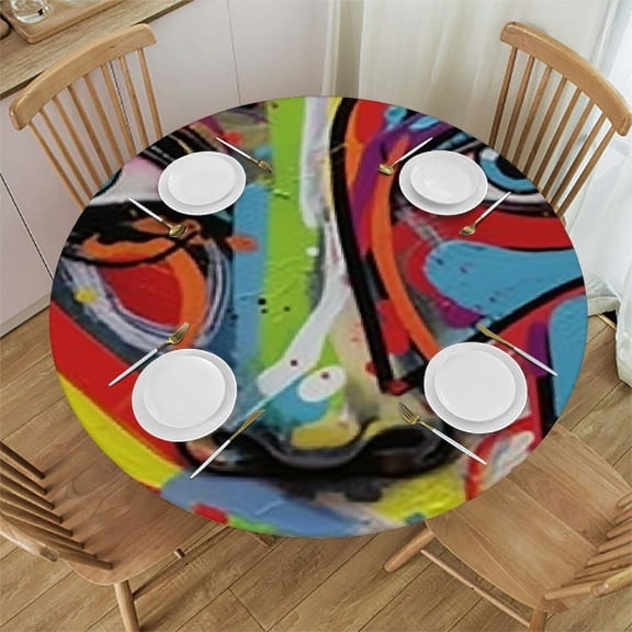 BANET Abstract Round Fitted Tablecloth with Elastic Edge, Doodle Bird Character Eyes Unusual Print Polyester Table Cloth, Fits Round Table, Protection for Your Table, Multicolor 54"-58