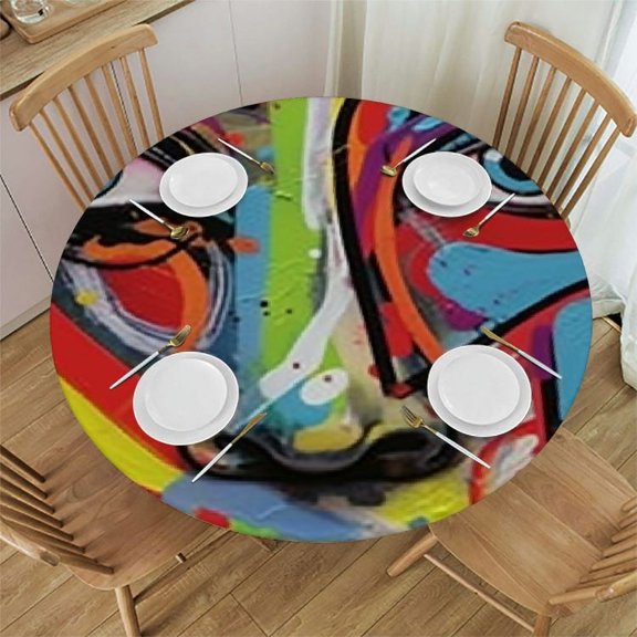 BANET Abstract Round Fitted Tablecloth with Elastic Edge, Doodle Bird Character Eyes Unusual Print Polyester Table Cloth, Fits Round Table, Protection for Your Table, Multicolor 38"-42