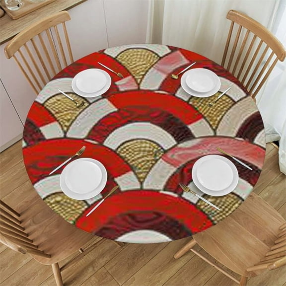 BANET Abstract Round Fitted Tablecloth with Elastic Edge, Oriental Pattern Traditional Moroccan Print Polyester Table Cloth, Fits Round Table ,for Banquet, Orange Tan White 46"-50