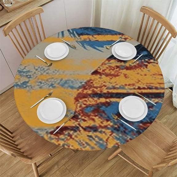 BANET Abstract Round Tablecloth, Fabric Microfiber Table Cover for Kitchen Dinner Table, Decorative Bohemian Style Vintage Rust Table Desk Cover, Waterproof Tablecover, Rust and Blue 31"-35