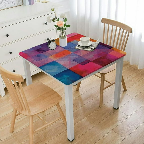 BANET Abstract Square Fitted Tablecloth with Elastic Edge, Rainbow Colored Geometric Square Shaped Print Polyester Table Cloth, Fits Square Table , for Party Holiday Spring/Summer, Multicolor white