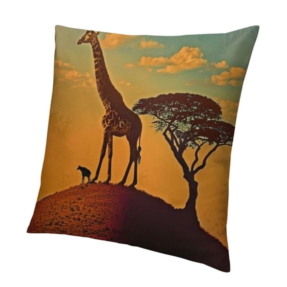 BANET African Throw Pillow Cushion Cover, Savannah Map Continent Giraffe and Tree Silhouette Wild Design Illustration, Decorative Square Accent Pillow Case 18x18in