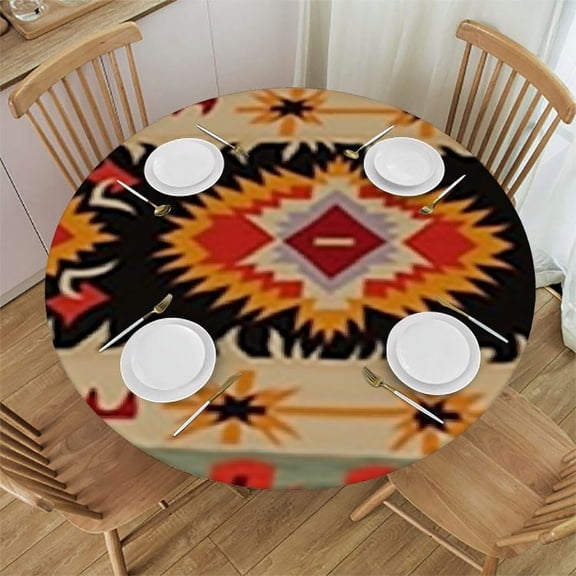BANET Aztec Round Tablecloth,Retro Geometric Pattern Tablecloth American Southwest Native Aztec Indian Bohemian Tablecloth for Kitchen Round  38"-42