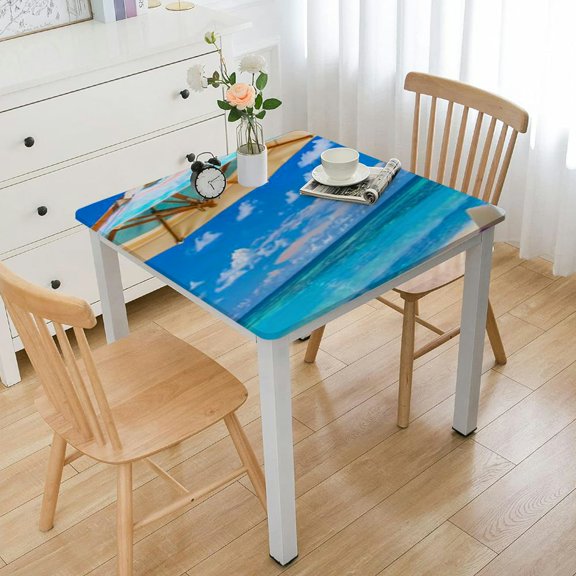 BANET Beach Chairs Rectangle Tablecloth Turquoise Sea Sand Beach Chair Palms Table Cloth Dining Table Cover for Party Buffet white