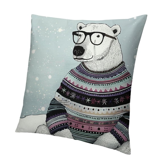 BANET Bear Throw Pillow Cushion Cover, with Fair Isle Style Sweater Sitting on Ice Christmas , Decorative Square Accent Pillow Case 22x22in