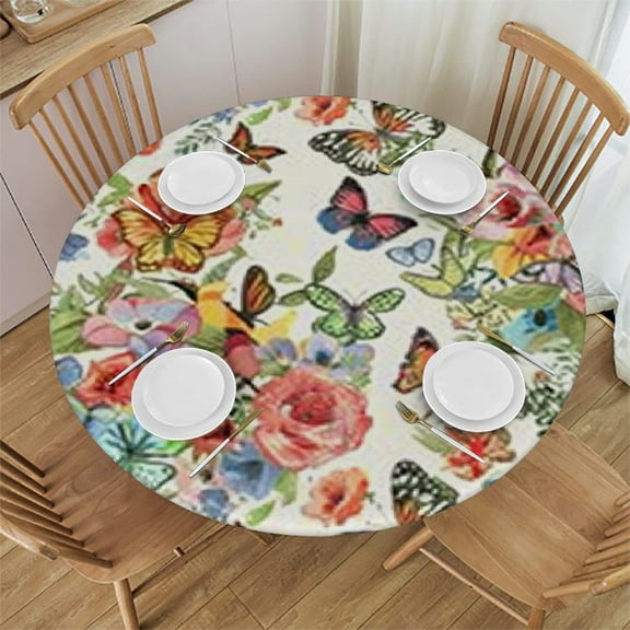 BANET Bird Floral Round Tablecloth Polyester Washable ,Butterfly Flower Circle Table Cloth Cover for Party Dinning Tabletop Wedding Home Decor 54"-58