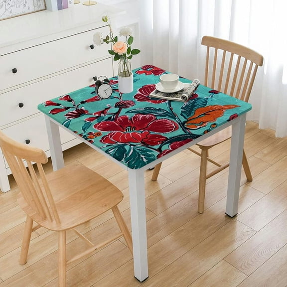 BANET Block Print Decorative Tablecloth Square Table Cover for Indoor and Outdoor Use Farmhouse Table Overlay for Spring Easter, Dining, Party, (Cotton, Turquoise) white