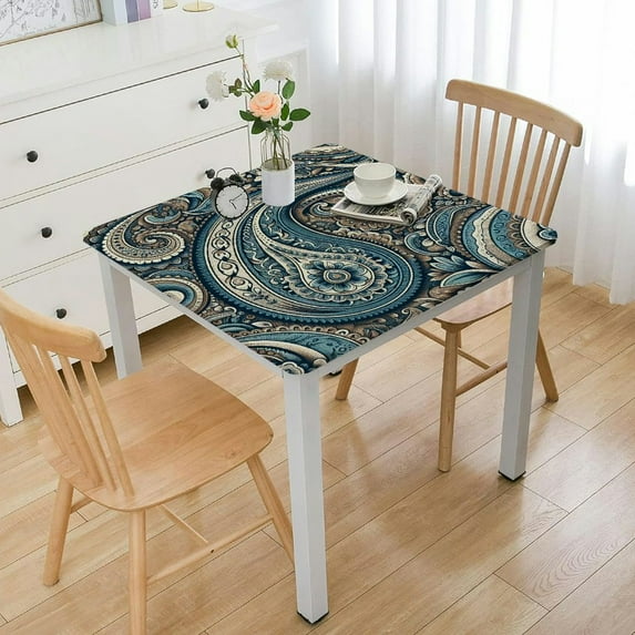 BANET Block Print Tablecloth for Square Tables and One Gray Napkin, Floral Cotton Kitchen, Dining Linen, Sky Blue, Gold, Beige White