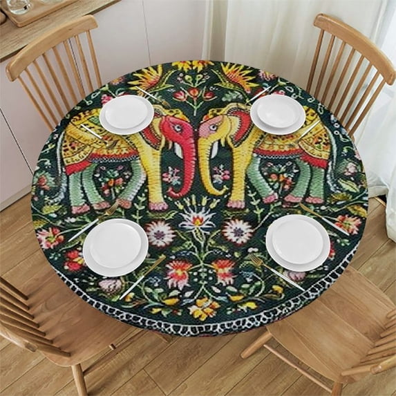 BANET Bloom Elephant Floral Tablecloth for Round Tables and One Gray , Floral Kitchen Dining Table Cloth, Table Cover for Indoors and Outdoors, Red ,Round 54"-58