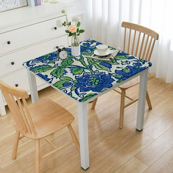 BANET Blossom Burst Floral Cotton Block Print Tablecloth and One Gray Napkin, Floral Kitchen Dining Table Cloth, Table Cover for Indoor and Outdoors, Blue Lagoon white