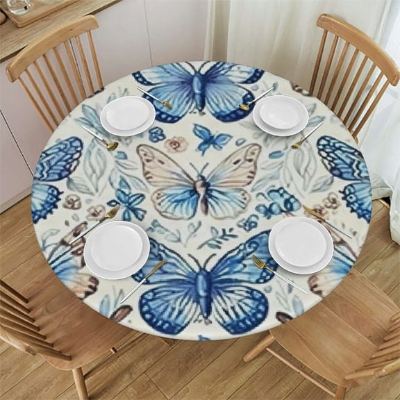 BANET Blue Beige Butterfly Round Tablecloth Flower Leaves Spring Summer Garden Nature Watercolor Table Cloth Polyester Tablecloths for Home Decor, Parties, Picnic 54"-58