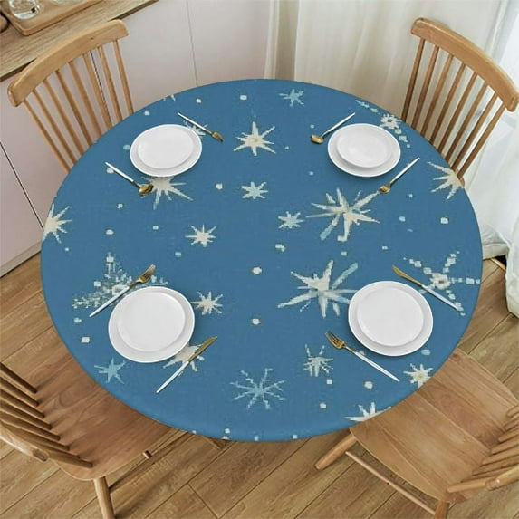 BANET Blue Christmas Round Tablecloth Winter Snowflake Stars Tree Deer Table Cloth Polyester Farmhouse Xmas Night Table Cover for Holiday Home Kitchen Table 46"-50