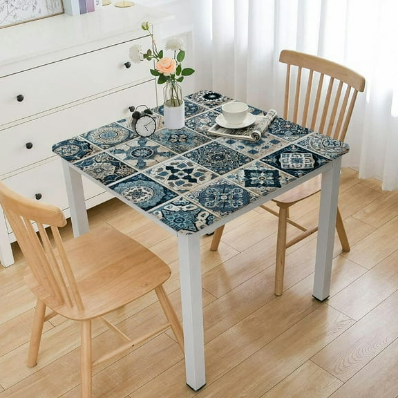 BANET Blue Tablecloth, Rich Pattern of Moroccan Tiles Patchwork Style Pattern Oriental, Rectangular Table Cover for Dining Room Kitchen Decor White
