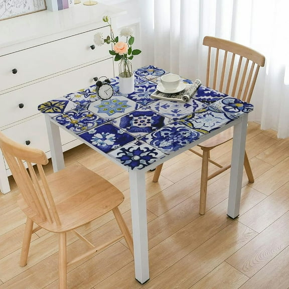 BANET Blue Tablecloth, Rich Pattern of Moroccan Tiles Patchwork Style Pattern , Rectangular Table Cover for Dining Room Kitchen Decor White