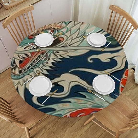 BANET Blue Teal Dragon Chinoiserie Asian Round Tablecloths Navy Blue Turquoise Orange Table Cloth Water Resistant Washable Polyester Table Cover Festival Camping Picnic 42"-46