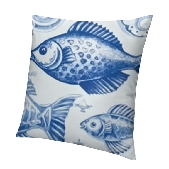 BANET Blue Throw Pillow Cushion Cover, Fish Sea Animal with Ottoman Ornate Mosaic Hand Drawn Style Marine Artwork, Decorative Square Accent Pillow Case 18x18in