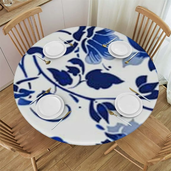 BANET Blue and White Porcelain Paint Round Tablecloth Flower Table Cover Washable Tablecloths for Kitchen Dining Party Home Decor  42"-46
