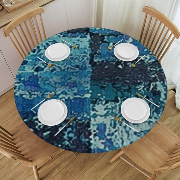 BANET Boho Abstract Round Circle Tablecloth, Fabric Microfiber Table Cover for Kitchen Dinner Table, Decorative Bohemian Style Vintage Rust Table Desk Cover, Waterproof Tablecover, Blue 54"-58