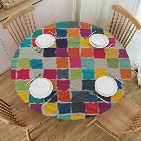 BANET Boho Colorful Grid Tablecloth Table Cover in Yellow Blue Pink Tablecloth Bohemian Farmhouse Style Round Table Cloths for Kitchen Picnic Outdoor Protector Dining Tabletop Decoration 42"-46