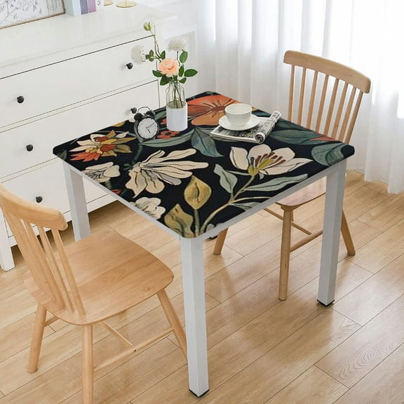 BANET Boho Floral Square Tablecloth, Waterproof Fitted Table Cloth for Outdoor Indoor Picnic Kitchen, Tropical Colorful Flower Wipeable Elastic Polyester Table Cover, Fits Square Tables white