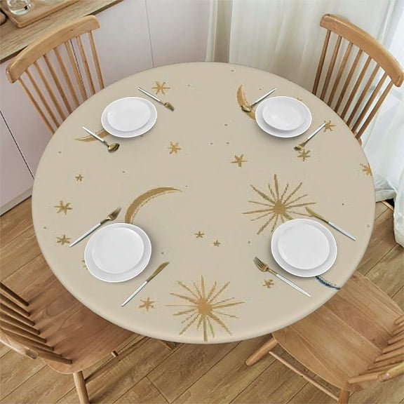 BANET Boho Sun Moon Tablecloth, Mid Century Bohemian Abstract Starry Sky Hippie Sunshine Print Table Cloth Cover for Home Kitchen Dining Room Party Outdoor Picnic, Round 31"-35