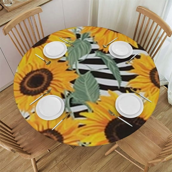 BANET Bright Sunflower Round Table Cloth Zebra Print Polyester Tablecloth  Waterproof Tablecloth Dinning Table Cover for Indoor Outdoor Party Picnic 42"-46