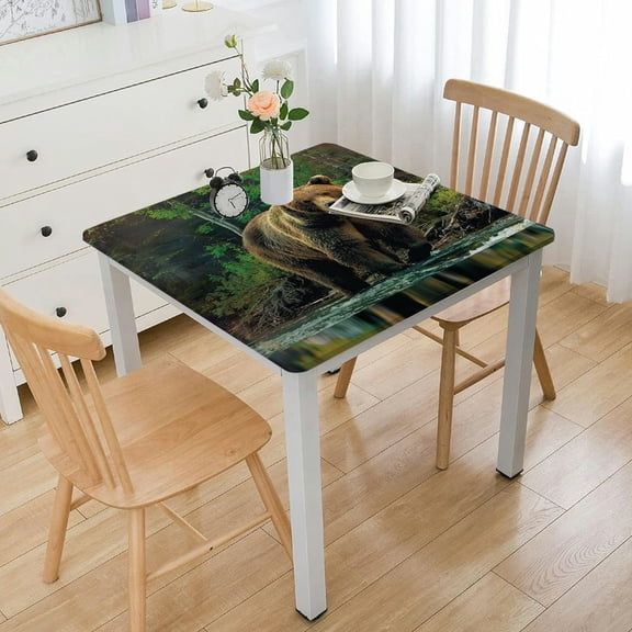 BANET Cabin Tablecloth, Grizzly Brown Bear in Lake Alaska Untouched Forest Jungle Wildlife Image, Dining Room Kitchen Rectangular Table Cover White