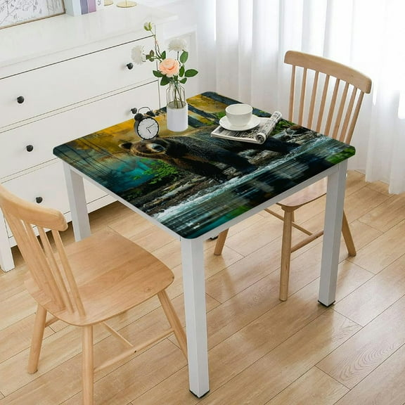 BANET Cabin Tablecloth, Grizzly Brown Bear in Untouched Forest Image, Dining Room Kitchen Rectangular Table Cover White