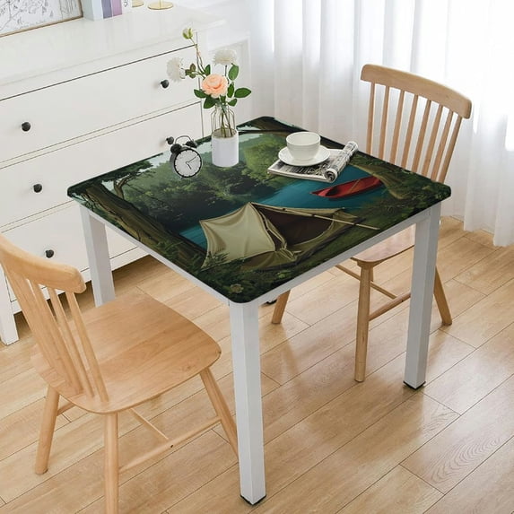BANET Camping Tablecloth, Idyllic Nature Scene of a Deep Forest with Lake and Mountains Cartoon Woodland, Dining Room Kitchen Rectangular Table Cover White