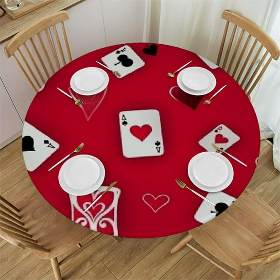 BANET Cards Round Tablecloth,Poker Hearts Spades Red Water Resistant Polyester Table Cloth Decorative Table Cover for Kitchen, Dining Desk,Party,Holiday 42"-46