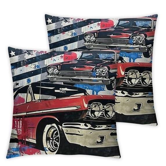 BANET Cars Throw Pillow Cushion Cover, Group of Nostalgic American Muscle Cars with Stars Antique Print, Decorative Square Accent Pillow Cases Set of 2 12x12in