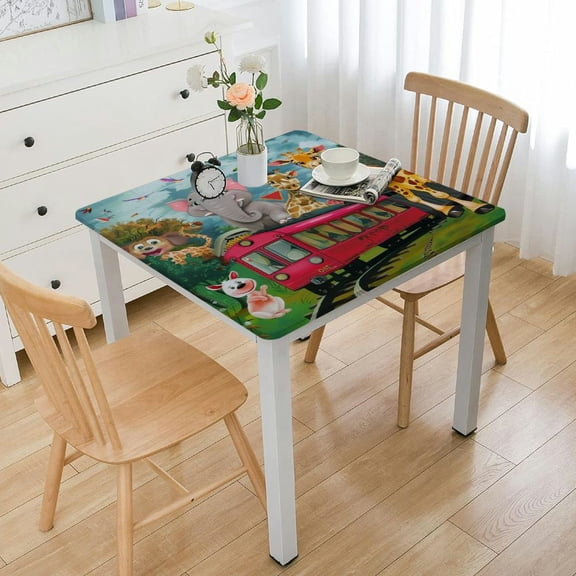 BANET  Cartoon Tablecloth, Funny Cartoon Design Happy on a Choo Train Savannah Animals Art Forest Print, Rectangular Table Cover for Dining Room Kitchen Decor White