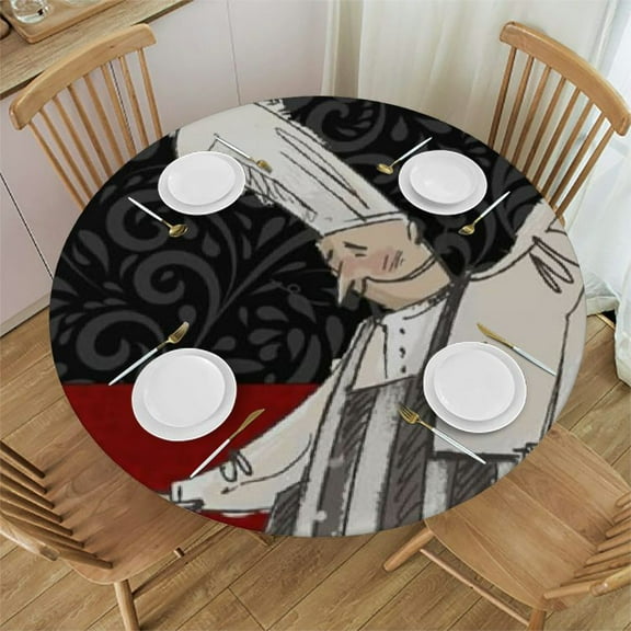 BANET Cartoon Theme Chef Lines Art Character Cover Elastic Edged Tablecloth, Red Black Tables Cover Waterproof Wipeable Tabletop Protector Cloth Chic 46"-50