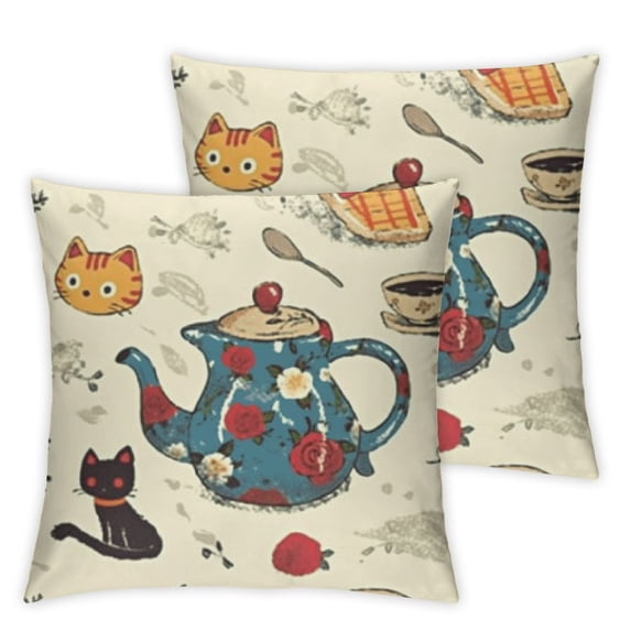 BANET Cartoon Throw Pillow Cover Set of 2, Cats Tea and Sweets Coffee Muffins Milk and Bread Cartoon Style Doodle Art, Decorative Square Covers for Couch Bed & Sofa, Red Cream Orange 20x20in